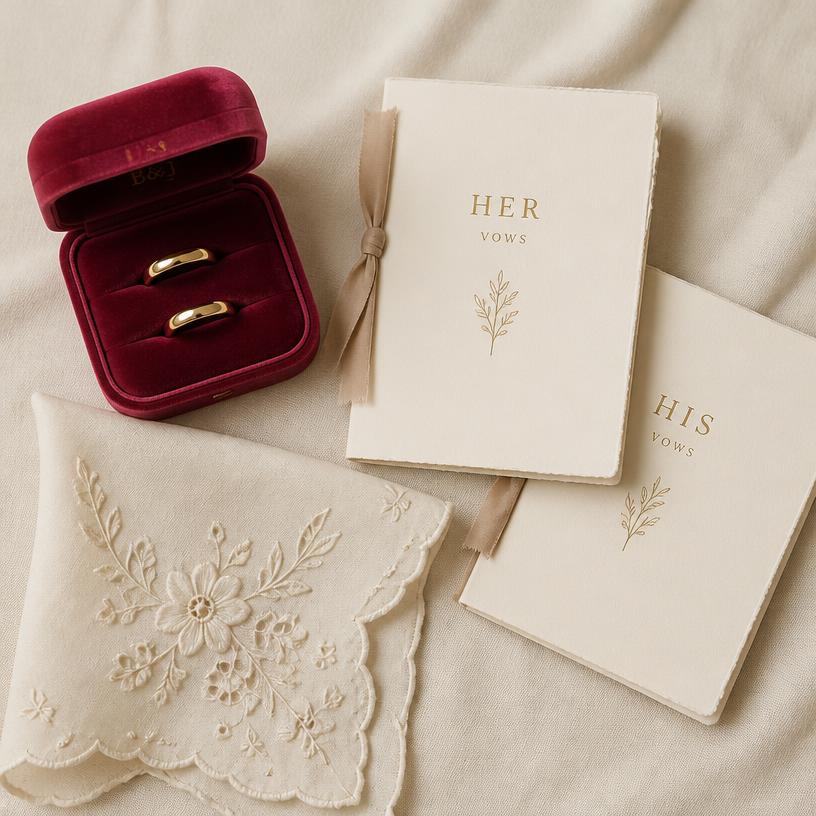 Ring box, vow books and embroidered handkerchief